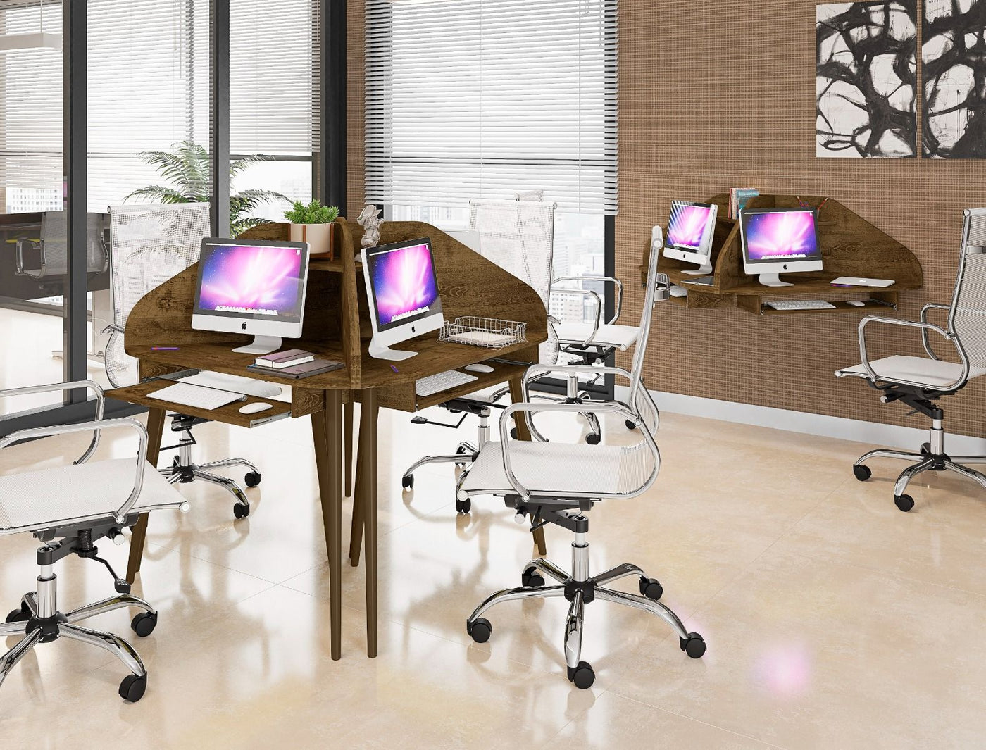 Gatutca Cubicle Section Desk with Keyboard Shelf Set of 4 - Rustic Brown
