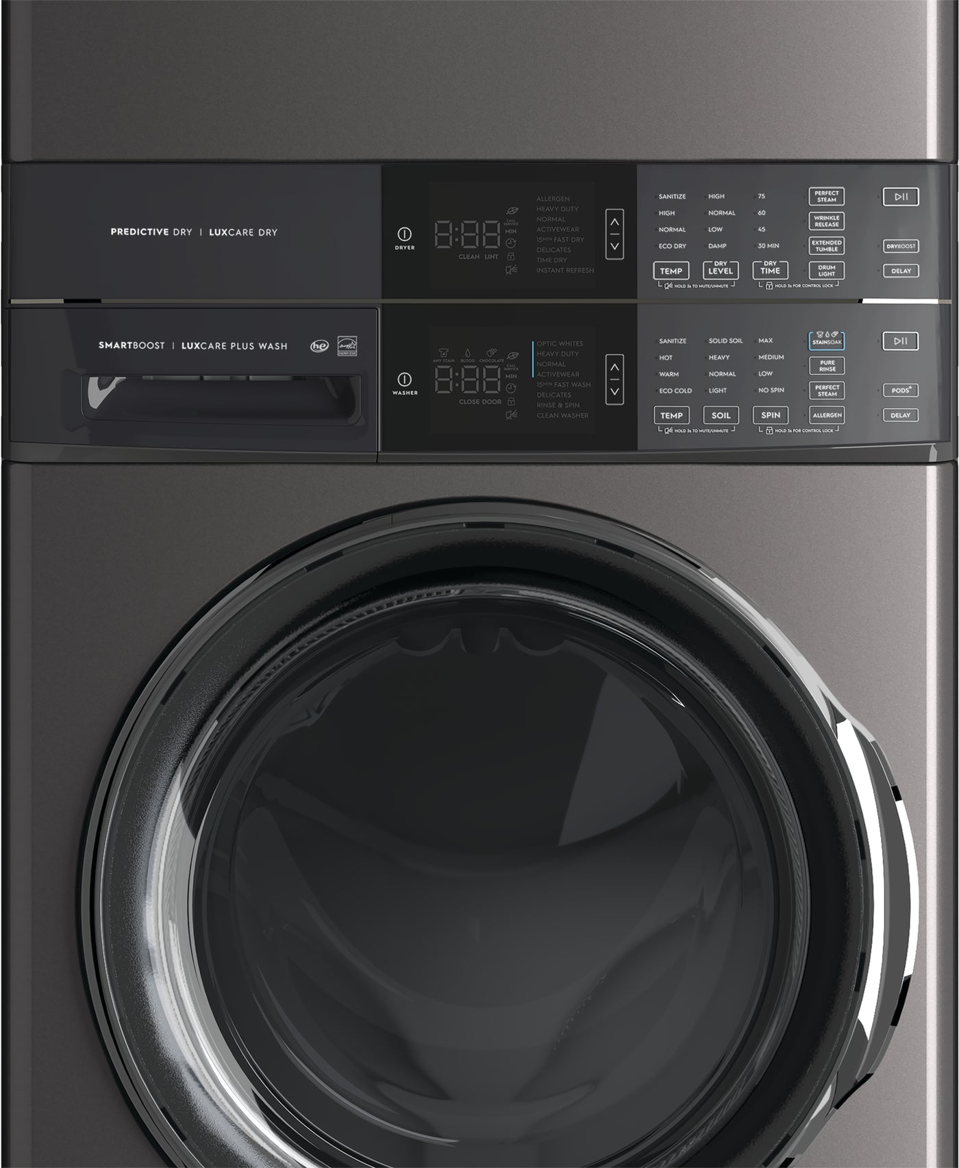 Electrolux Titanium Laundry Tower with SmartBoost® Washer (5.2 Cu.Ft) & Electric Dryer (8 Cu.Ft) - ELTE760CAT