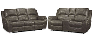 Wesley Dual Power Reclining Sofa and Dual Power Reclining Loveseat with Console Set - Granite