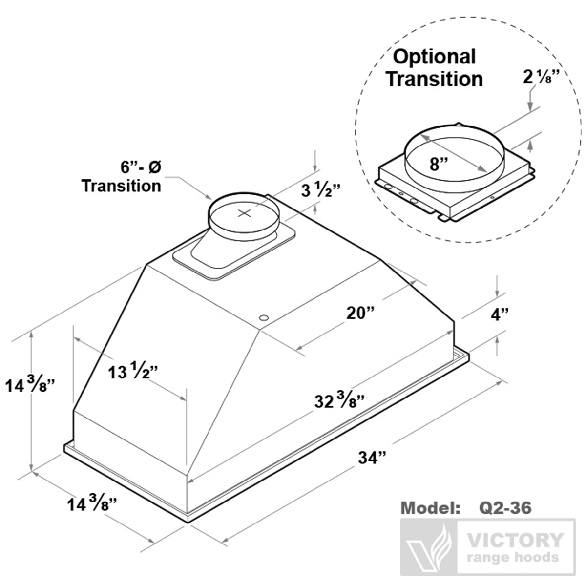 VICTORY Stainless Steel 36" 700 CFM Range Hood Insert - Q2-36