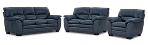 Kendrick Leather Sofa, Loveseat and Chair Set - Blue