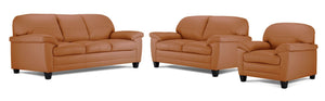 Raphael Leather Sofa, Loveseat and Chair Set- Saddle