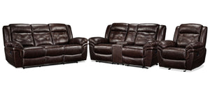 Cooper Leather Reclining Sofa, Reclining Loveseat with Console and Recliner Set - Brown