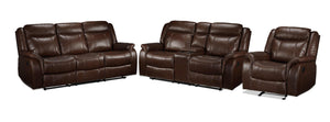 Scorpio Reclining Sofa, Reclining Loveseat and Glider Recliner Set - Whiskey Brown