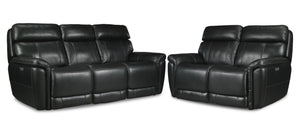 Stallion Leather Dual Power Reclining Sofa and Loveseat Set - Midnight Black