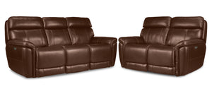 Stallion Leather Dual Power Reclining Sofa and Loveseat Set - Chestnut